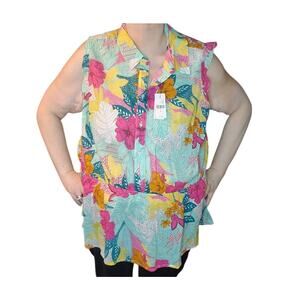 Lane Bryant Plus Size 24 Tropical Floral Button Front Blouse Linen Blend NWT